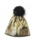 Genuiskids Women Fashion Pom Pom Beanie with Bling Sparkle Winter Fox Fur Slouchy Hat - golden - CJ188HM4T93