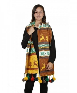 Womens Christmas Tree Reindeer Snowflake Reversible Knit Wraparound Scarf Shawl - Mustard Pom Poms - CB186ELCALX